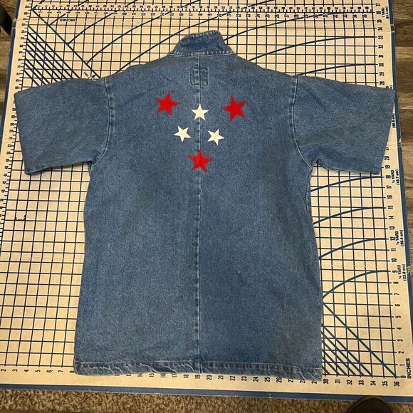 Nash Originals USA Flag Denim Jacket Size Small Blue Over Coat Half Button - Picture 9 of 9